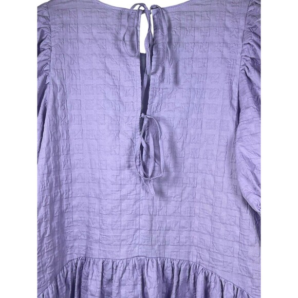 English Factory Lilac Textured Puff Sleeve Mini Dress L Tiered Back Tie Babydoll - Picture 7 of 11